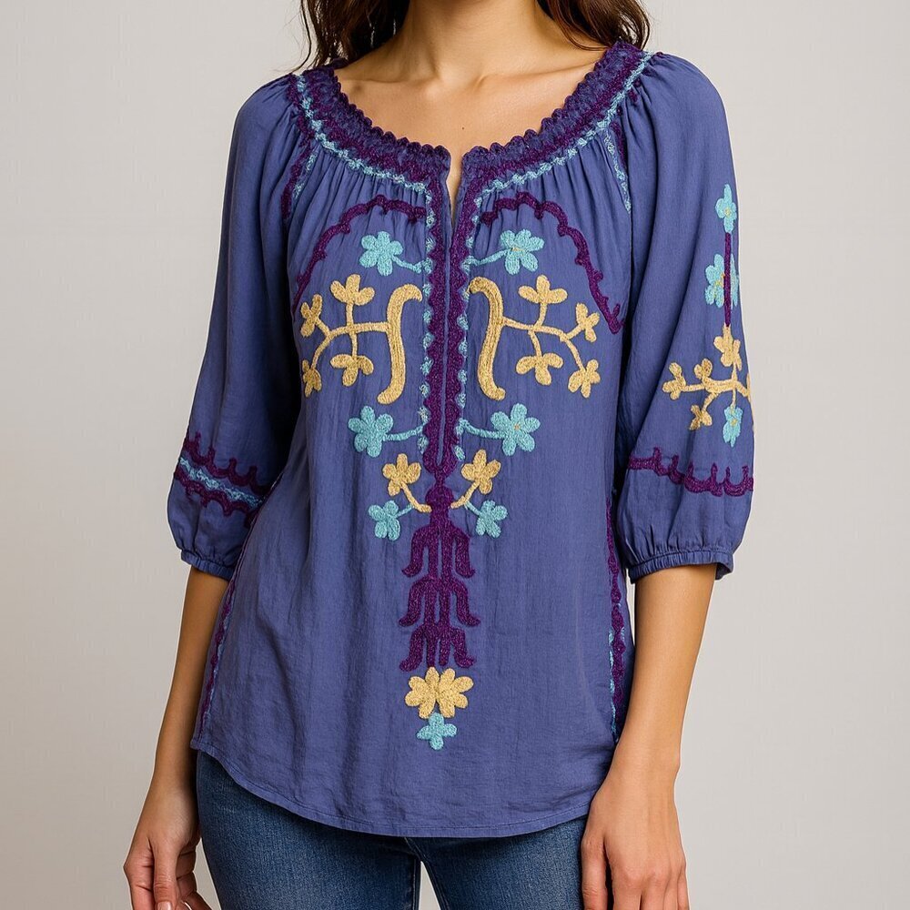 Poupette St Barth 3/4 Sleeve Boho Embroidered Peasant Top Size Small